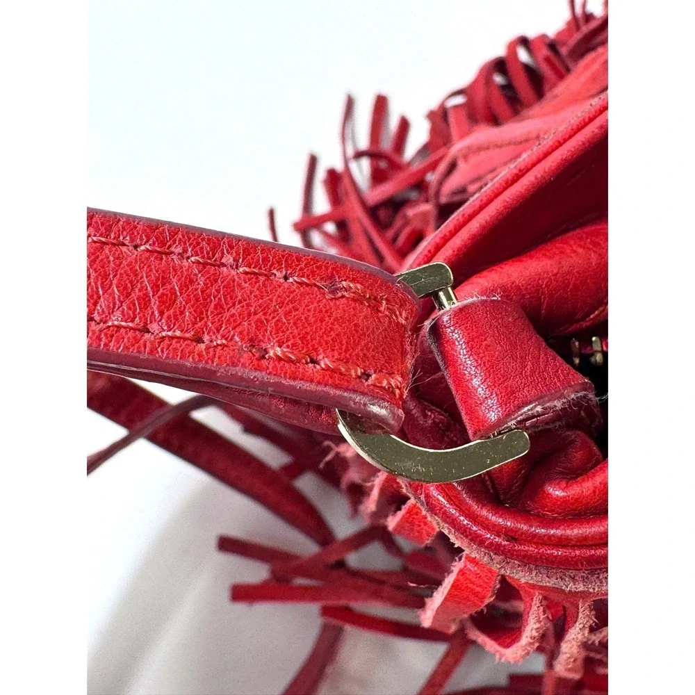 Zara Woman Red Genuine Leather Fringe Bohemian Crossbody